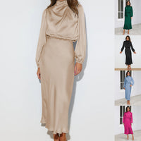 Elegant Temperament Long-sleeved Dress Satin Halterneck Formal Evening Dresses Women Clothing