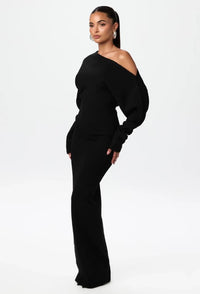 Off-Shoulder Bodycon Knit Dress - Elegant Long Sleeve Evening Dress