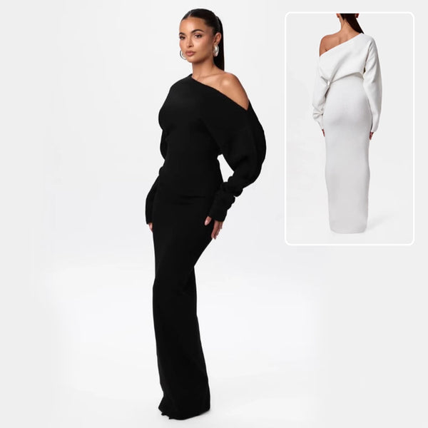 Off-Shoulder Bodycon Knit Dress - Elegant Long Sleeve Evening Dress