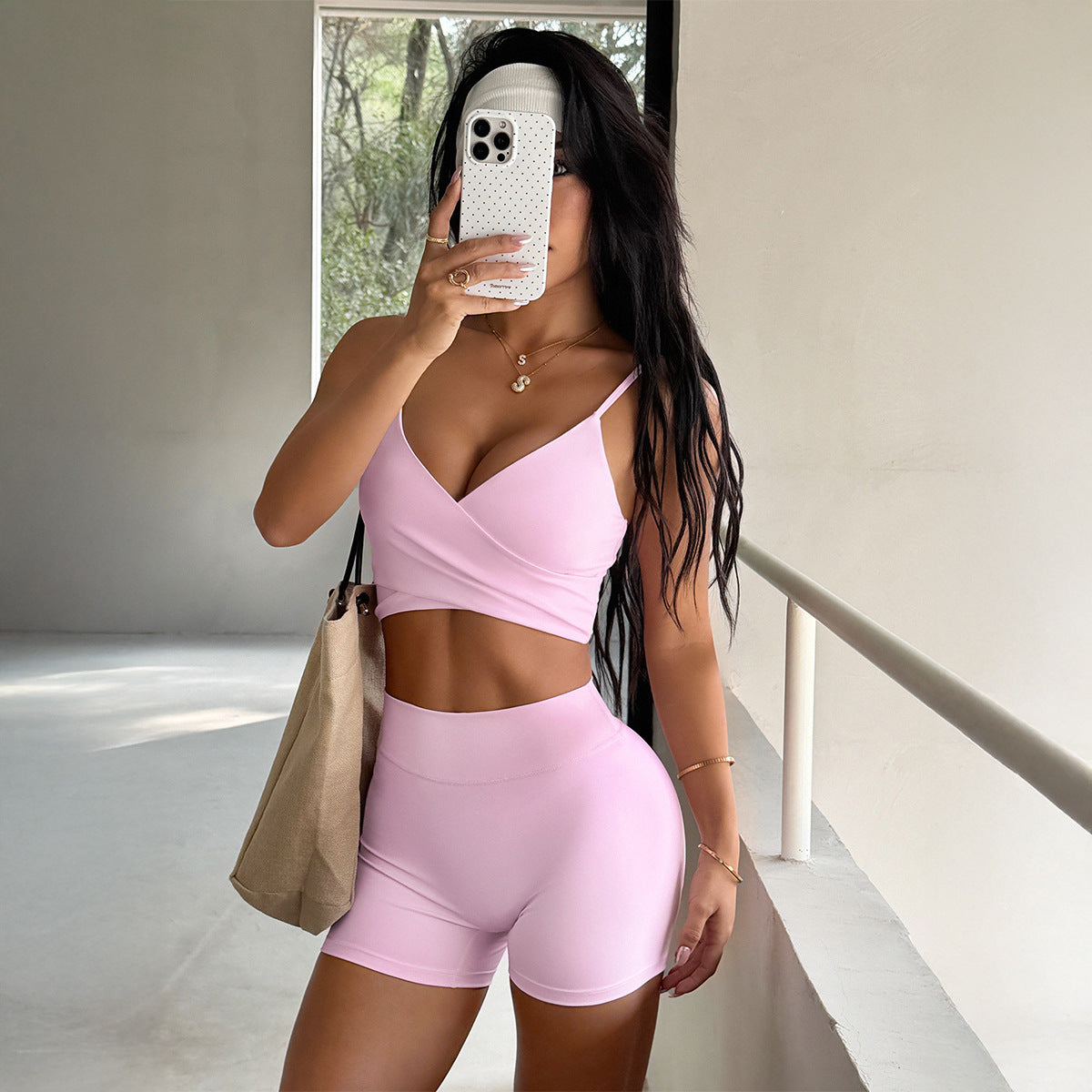 Casual Yoga Knit Set With Shoulder Straps