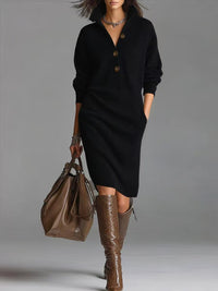 Long-sleeved Sweater Dress Warm Stand-up Collar V-neck Button Pullover Dresses Winter