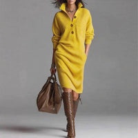 Long-sleeved Sweater Dress Warm Stand-up Collar V-neck Button Pullover Dresses Winter