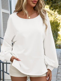 Fisoew Womens Casual Crewneck Sweatshirts Lantern Long Sleeve Side Slit Loose Sweatshirt Fall Crop Pullover Tops