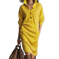 Long-sleeved Sweater Dress Warm Stand-up Collar V-neck Button Pullover Dresses Winter