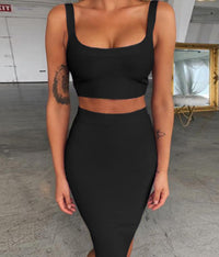Solid Color Sling U-neck Short Top High Waist Slim Hip Skirt Bandage Skirt Suit