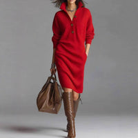 Long-sleeved Sweater Dress Warm Stand-up Collar V-neck Button Pullover Dresses Winter