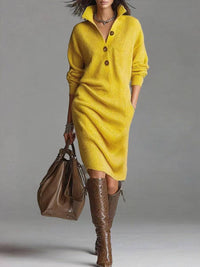 Long-sleeved Sweater Dress Warm Stand-up Collar V-neck Button Pullover Dresses Winter