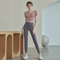 New Womens Solid-color Short-sleeve Yoga Set