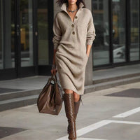 Long-sleeved Sweater Dress Warm Stand-up Collar V-neck Button Pullover Dresses Winter