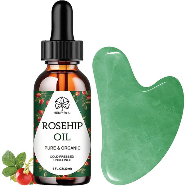 Jade Gua Sha Facial Massage Tool Set with Rosehip Oil and Travel Pouch