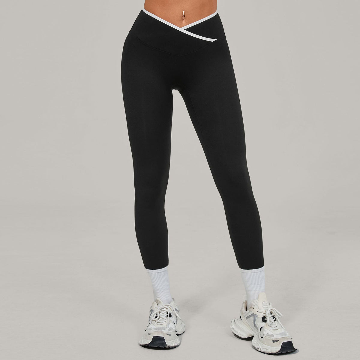 Bare-feel Tight Cross-over High-waist Contrast-color Leggings