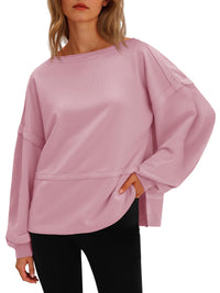 Fisoew Womens Casual Crewneck Sweatshirts Lantern Long Sleeve Side Slit Loose Sweatshirt Fall Crop Pullover Tops