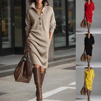 Long-sleeved Sweater Dress Warm Stand-up Collar V-neck Button Pullover Dresses Winter