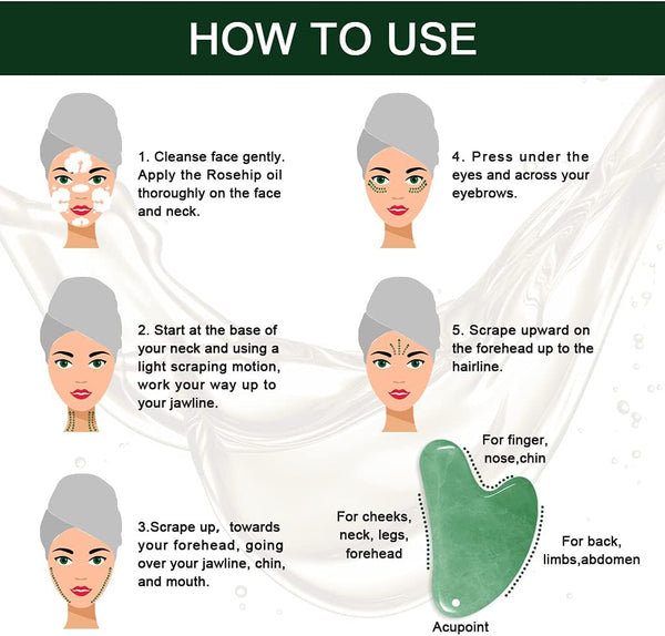 Jade Gua Sha Facial Massage Tool Set with Rosehip Oil and Travel Pouch