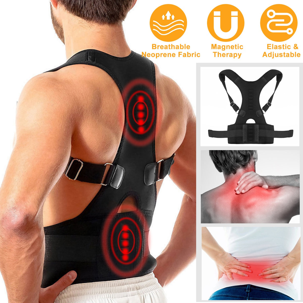 Magnetic Posture Corrector Back Support Belt – Adjustable Shoulder & Lumbar Brace