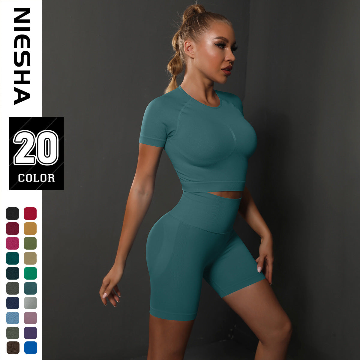 Summer New Seamless Solid Color High-Elastic Yoga Short-Sleeve Shorts Set