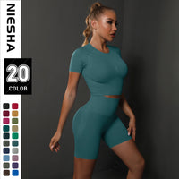 Summer New Seamless Solid Color High-Elastic Yoga Short-Sleeve Shorts Set