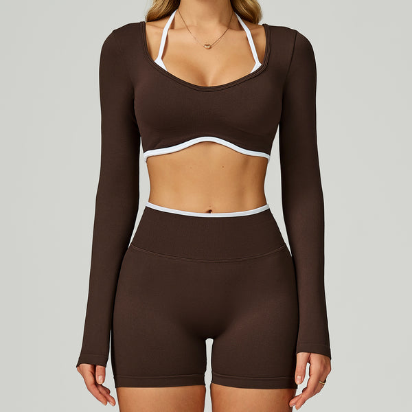Seamless Color-blocking Yoga Set With Hollow Back And High-waist Fitness Wear